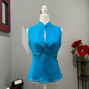 NEW Ice Silk Twist Mandarin Plunge Neck Sleeveless Layering Turquoise Top S NWOT